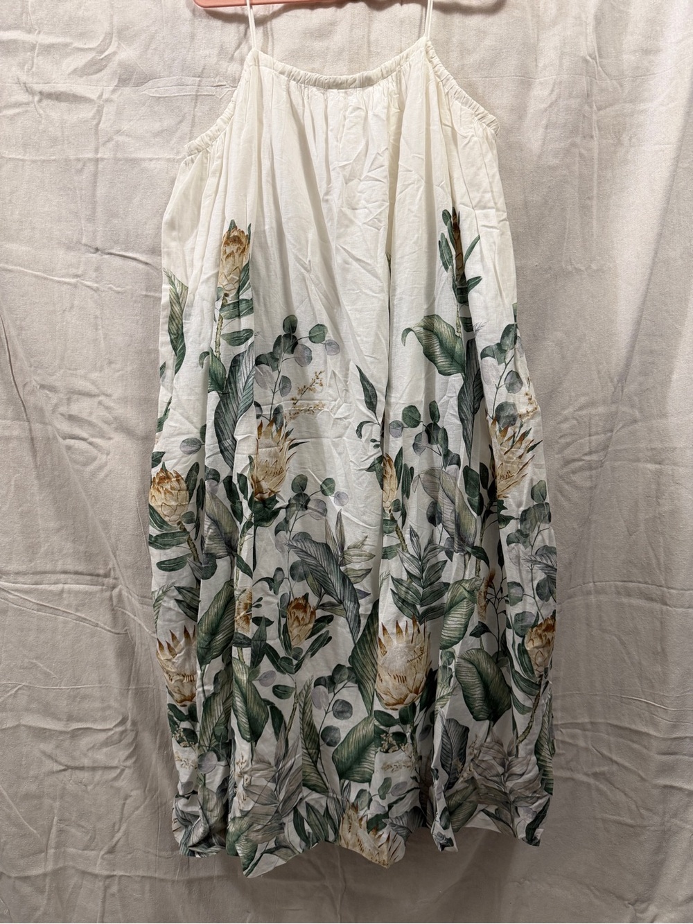H&M White Maxi Dress with Green Botanical Print
